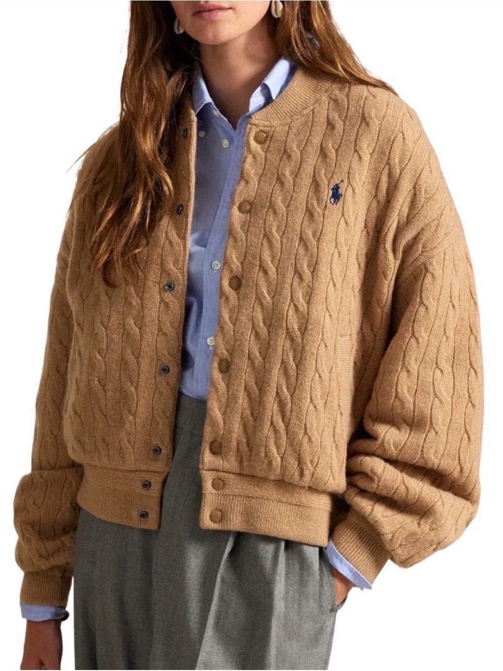 Polo Ralph Lauren Cable Knit Wool Cashmere Bomber Jacket in Camel Melange